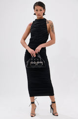 BUSINESS IN FRONT PARTY IN BACK MIDI DRESS IN BLACK