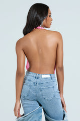 PAXTON SEXY RUCHED PLUNGE MESH HALTER BODYSUIT IN PINK