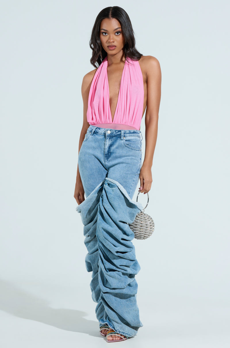 PAXTON SEXY RUCHED PLUNGE MESH HALTER BODYSUIT IN PINK