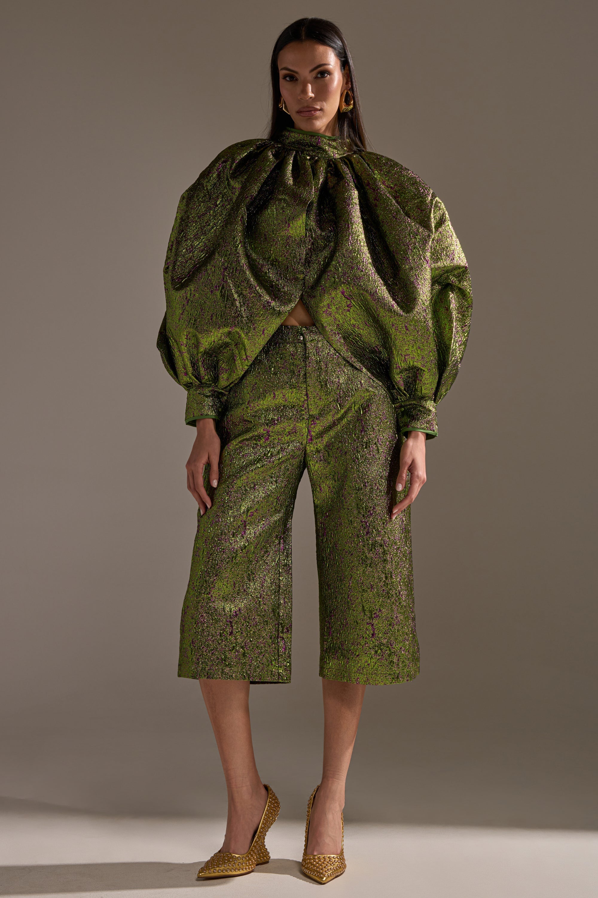 LAYLA BROCADE PUFF SLEEVE MOCK NECK TOP