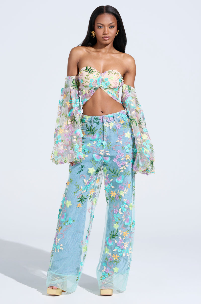 GARDENIA FLORAL EMBROIDERY TULLE TOP