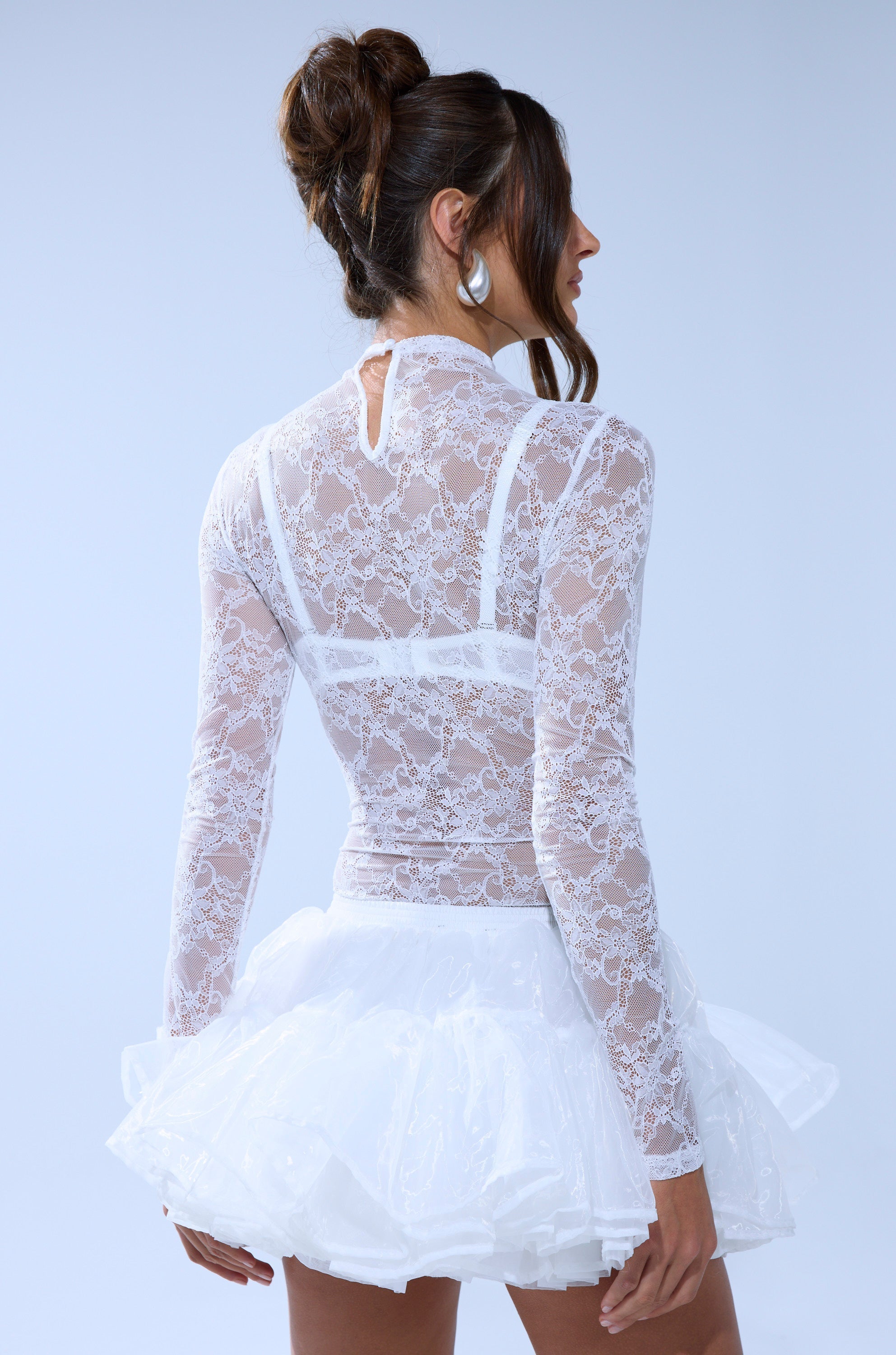 EVERYDAY MOCK NECK LACE BODYSUIT IN WHITE