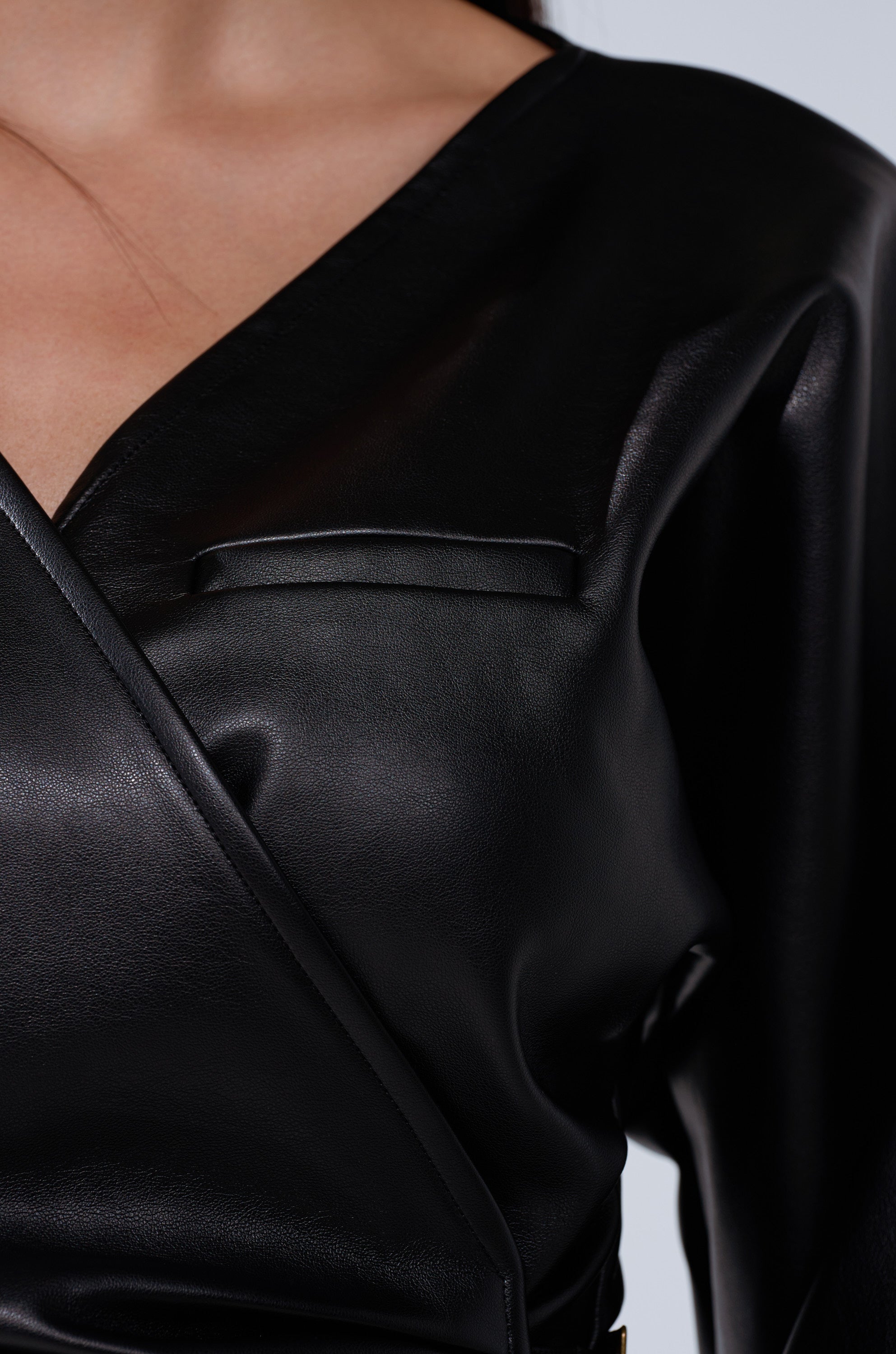 EASY ENOUGH FAUX LEATHER TIE FRONT BLOUSE