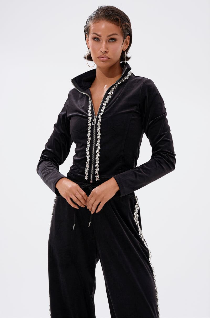 DARA RHINESTONE MOCK NECK ZIP-UP SWEATSHIRT