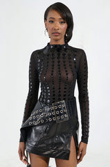 NOT MY FAULT LONG SLEEVE MESH BODYSUIT