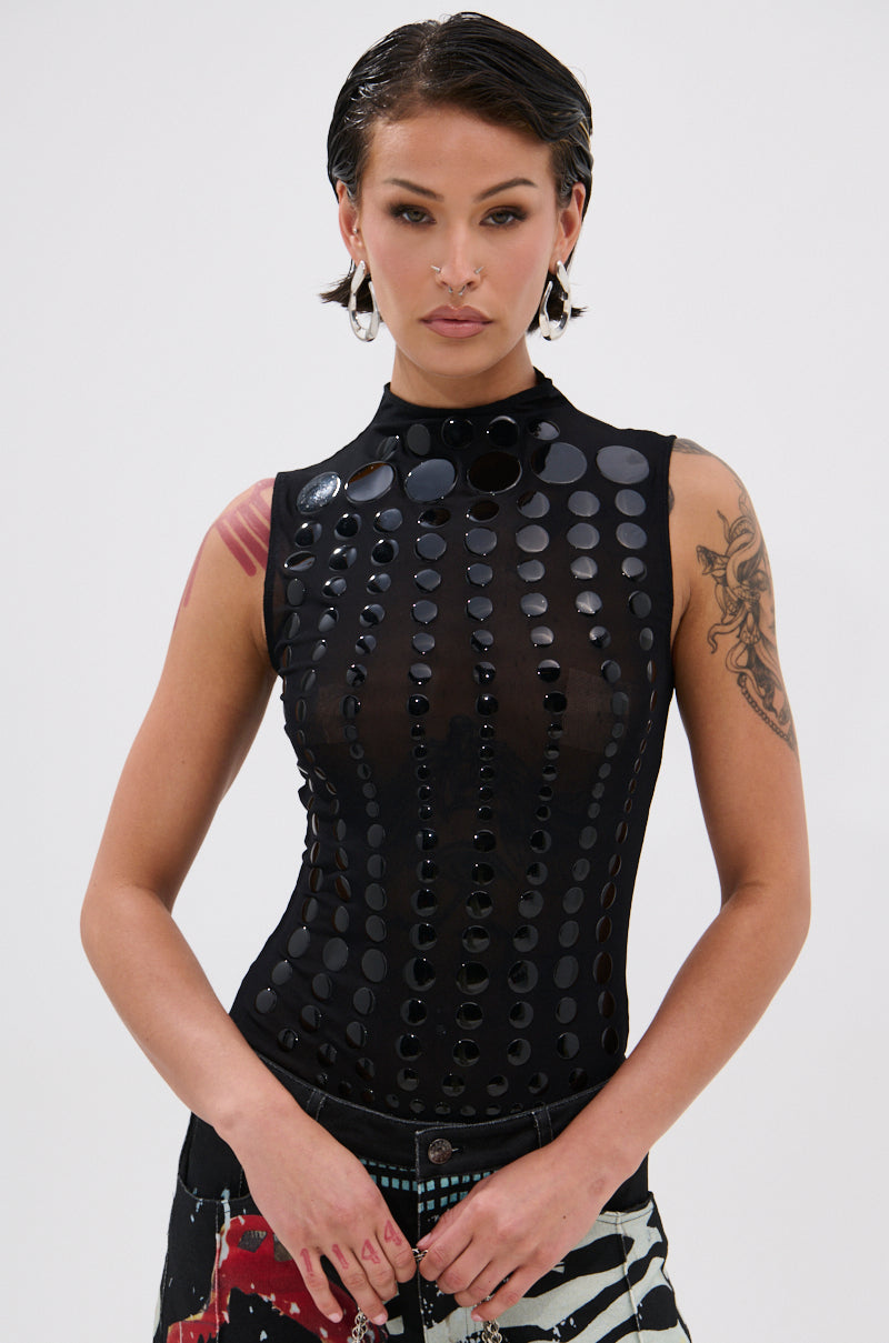 NOT MY FAULT SLEEVELESS BODYSUIT IN BLACK