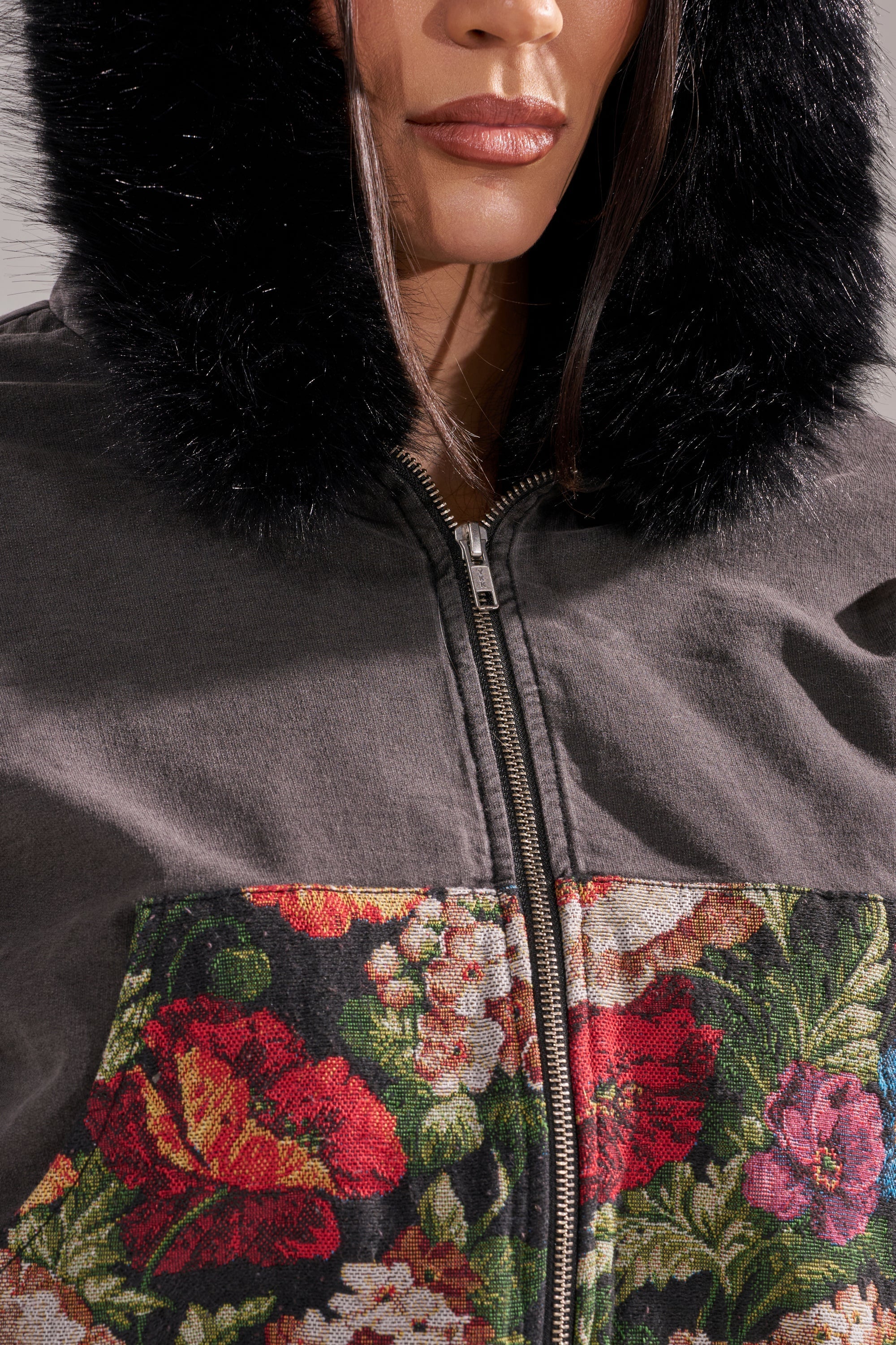 TRY ME FLORAL DENIM ZIP UP SWEATSHIRT