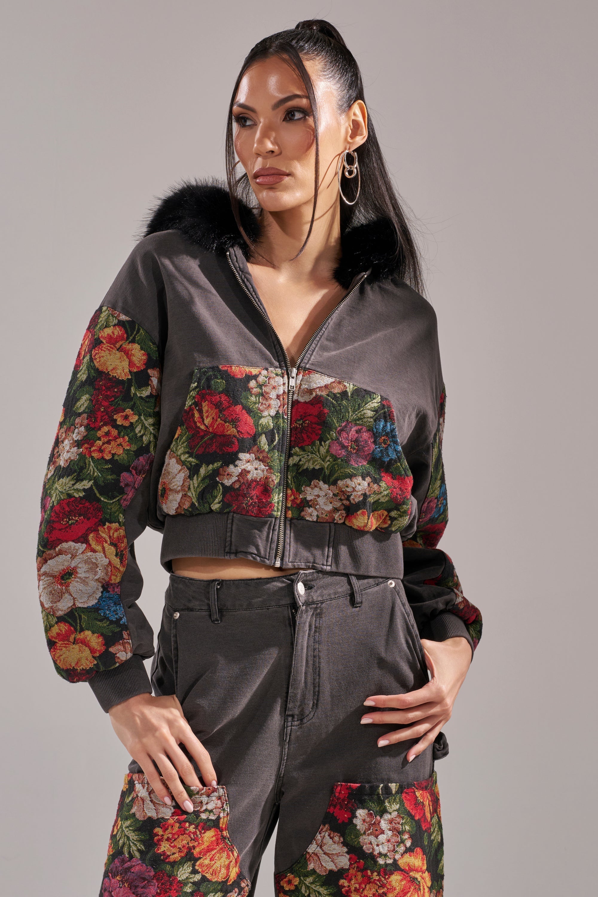 TRY ME FLORAL DENIM ZIP UP SWEATSHIRT