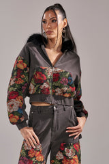 TRY ME FLORAL DENIM ZIP UP SWEATSHIRT