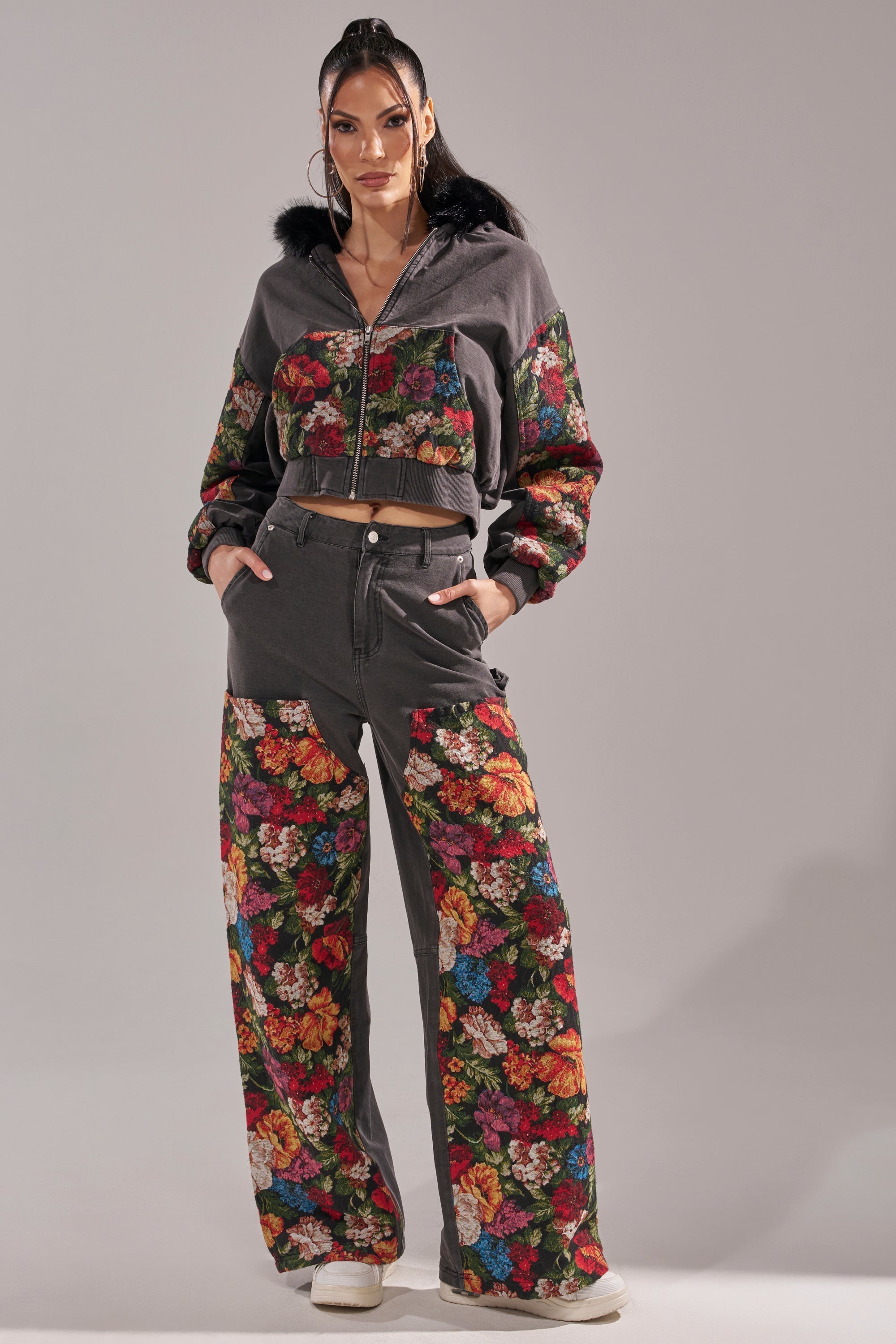 TRY ME FLORAL DENIM ZIP UP SWEATSHIRT