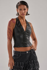 WITHOUT A DOUBT FAUX LEATHER HALTER NECK CORSET IN BLACK