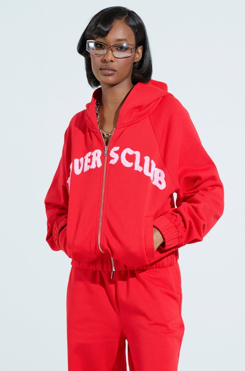 LOVERS CLUB ZIP UP HOODIE IN RED