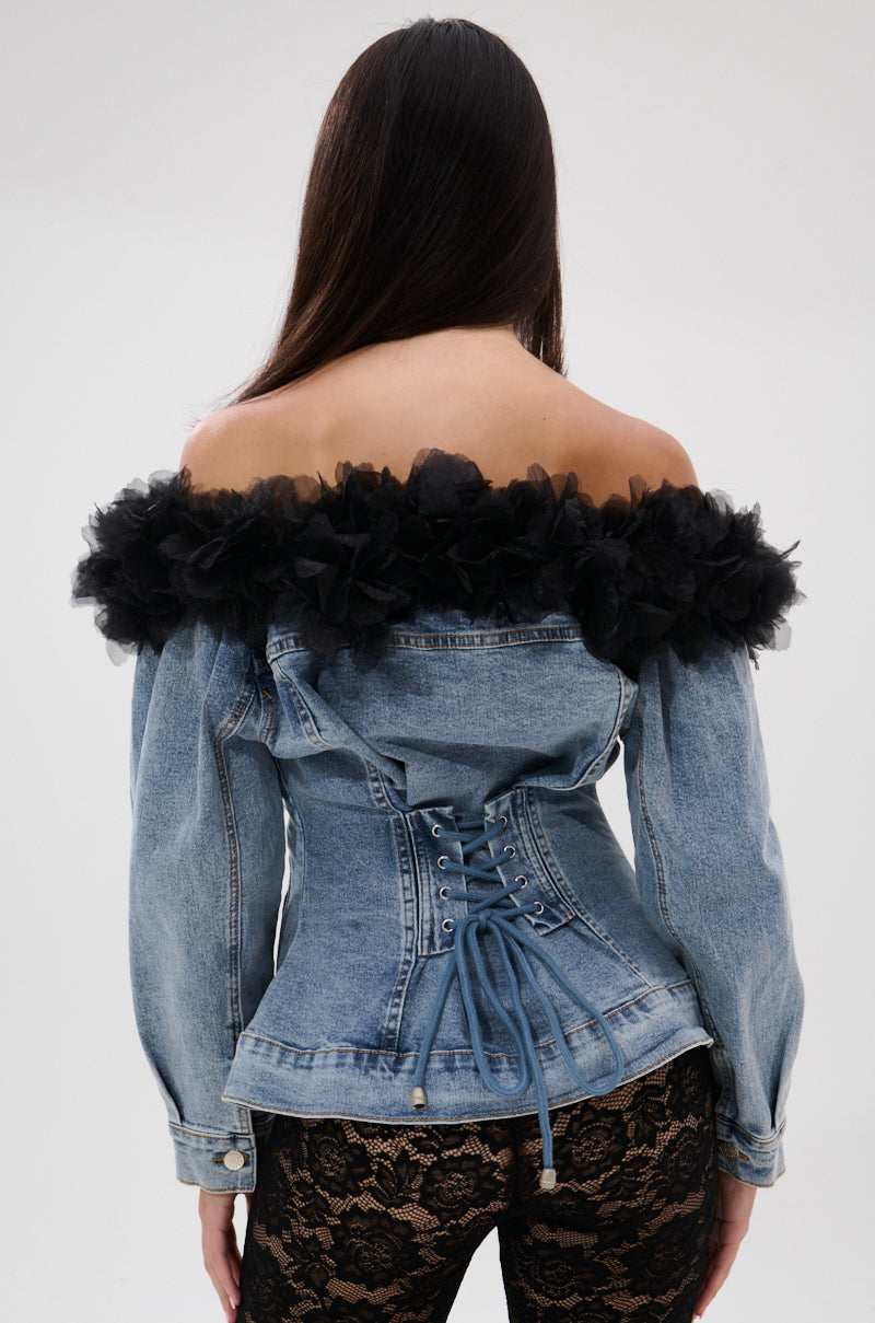 DANA OFF THE SHOULDER RUFFLE DETAIL DENIM TOP