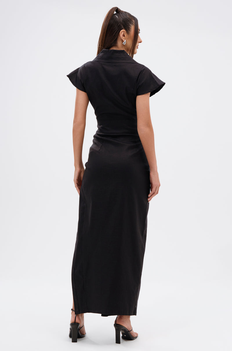 CHELSEA BUTTON SIDE COATED DENIM MAXI DRESS