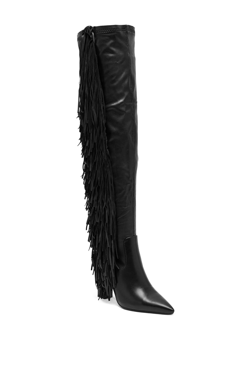 AZALEA WANG KATRICIA BLACK FRINGE CHUNKY BOOT