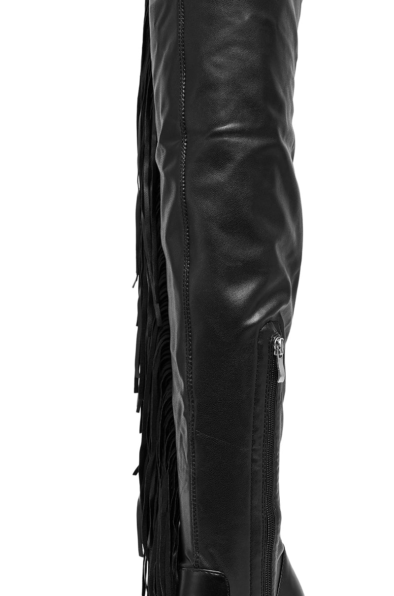 AZALEA WANG KATRICIA BLACK FRINGE CHUNKY BOOT