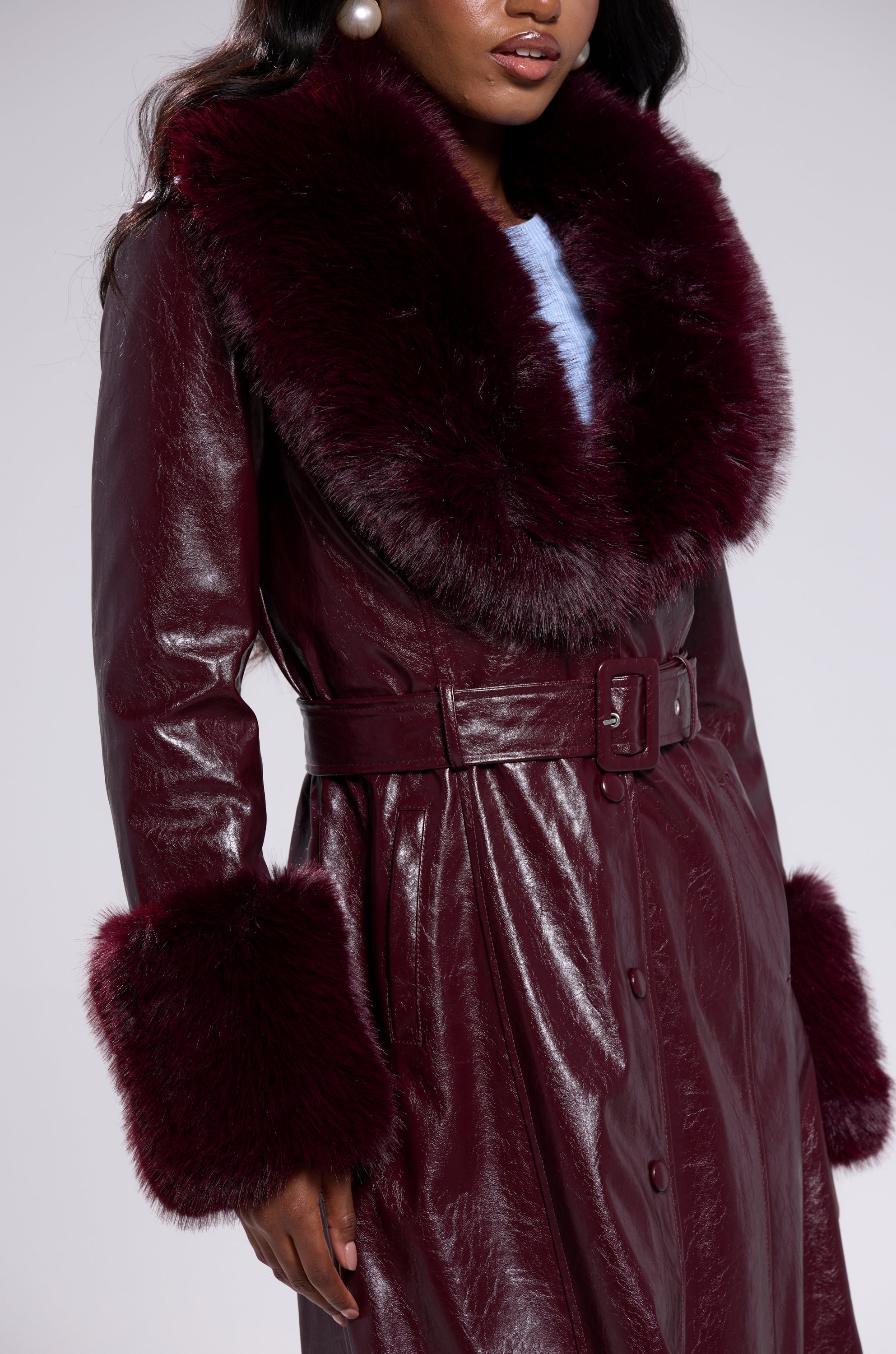 KAYA FUR TRIM TRENCH IN BURGUNDY