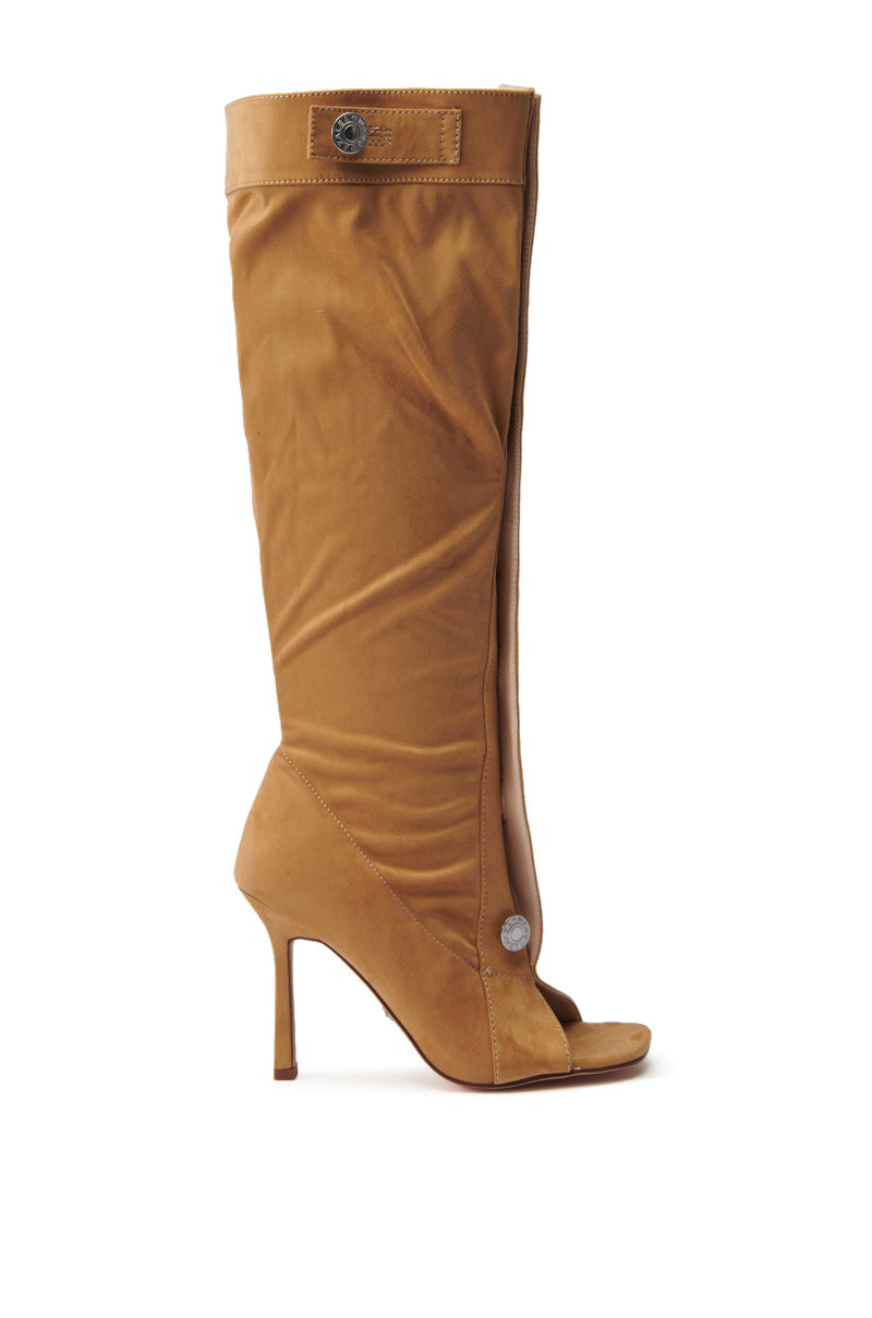 AZALEA WANG KAZUKI TAN SLOUCHY SUEDE OPEN TOE BOOT