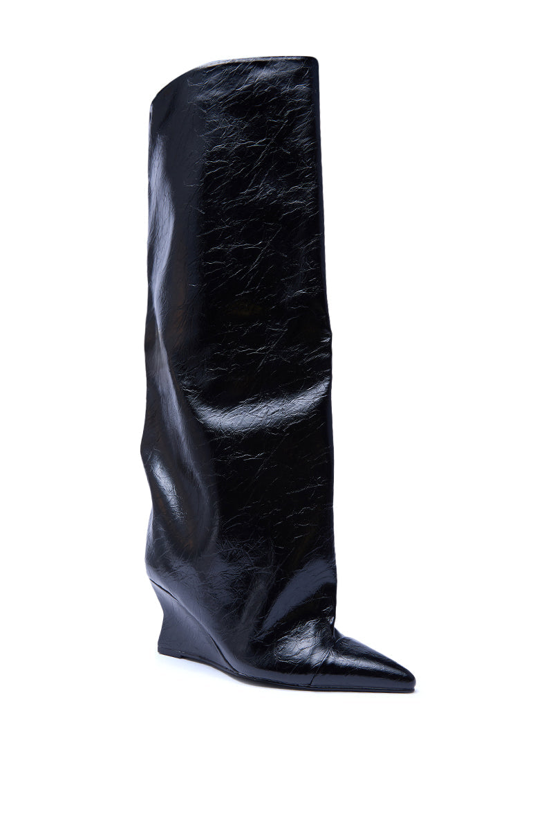 AZALEA WANG KENYA BLACK KNEE HIGH WEDGE BOOT