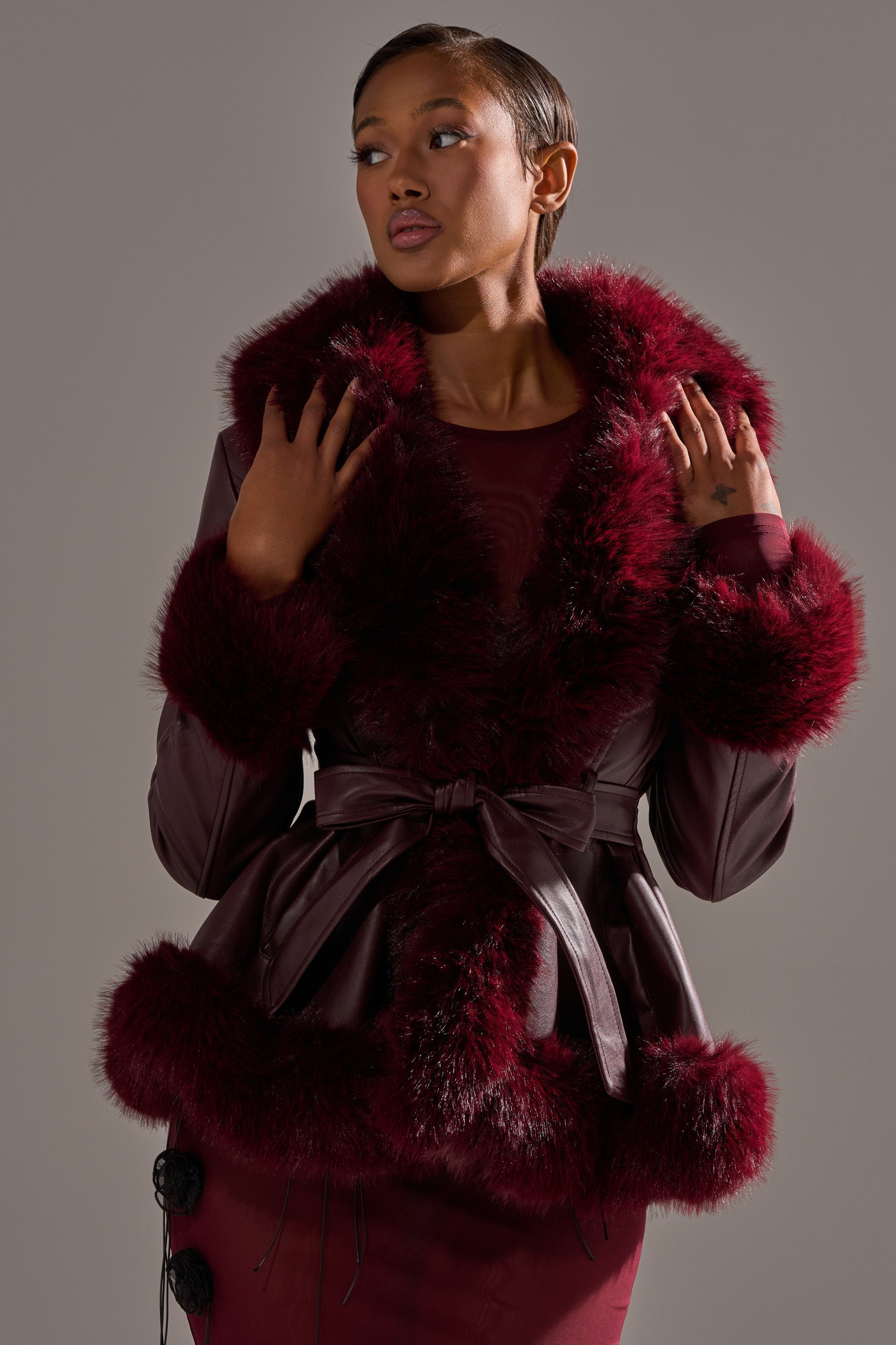 KENZY FUR TRIM MOTO IN BURGUNDY