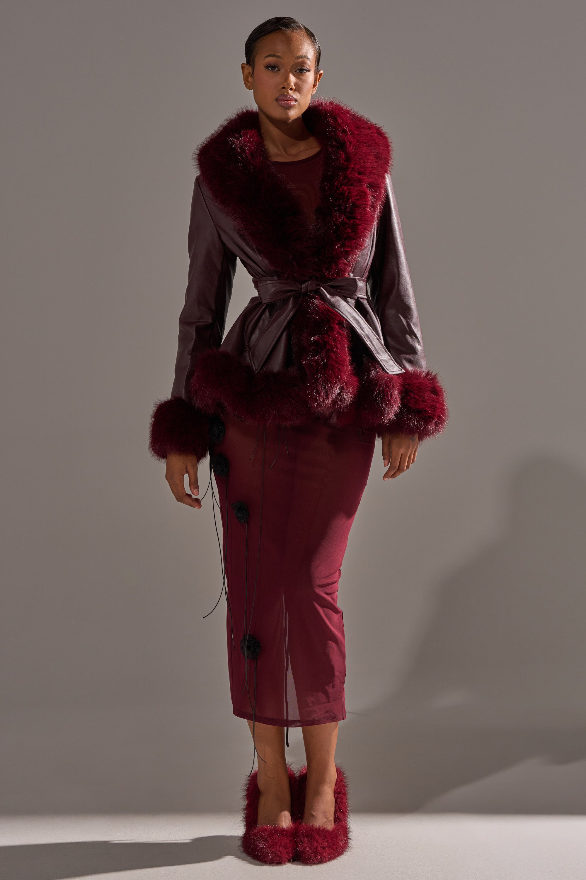 KENZY FUR TRIM MOTO IN BURGUNDY