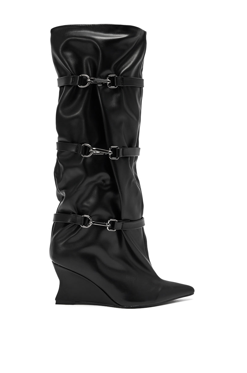 AZALEA WANG KULLERVO BLACK SILVER CLASP DETAIL WEDGE BOOT