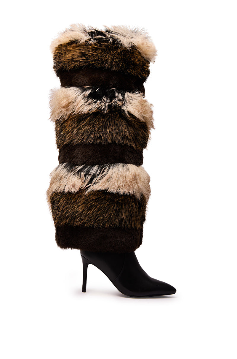 AZALEA WANG LANGLAU BROWN MULTI STILETTO FUR BOOT