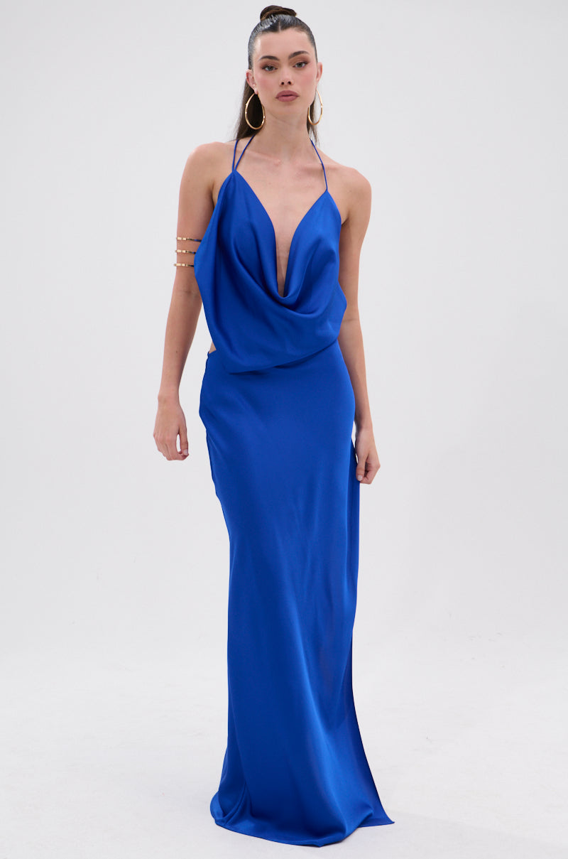 RAYNA SATIN MAXI DRESS IN COBALT BLUE