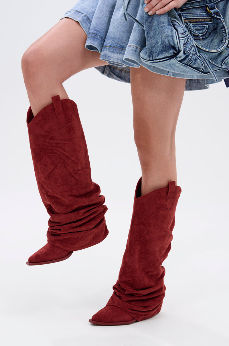 AZALEA WANG LETTICE BURGUNDY FAUX SUEDE WESTERN BOOT