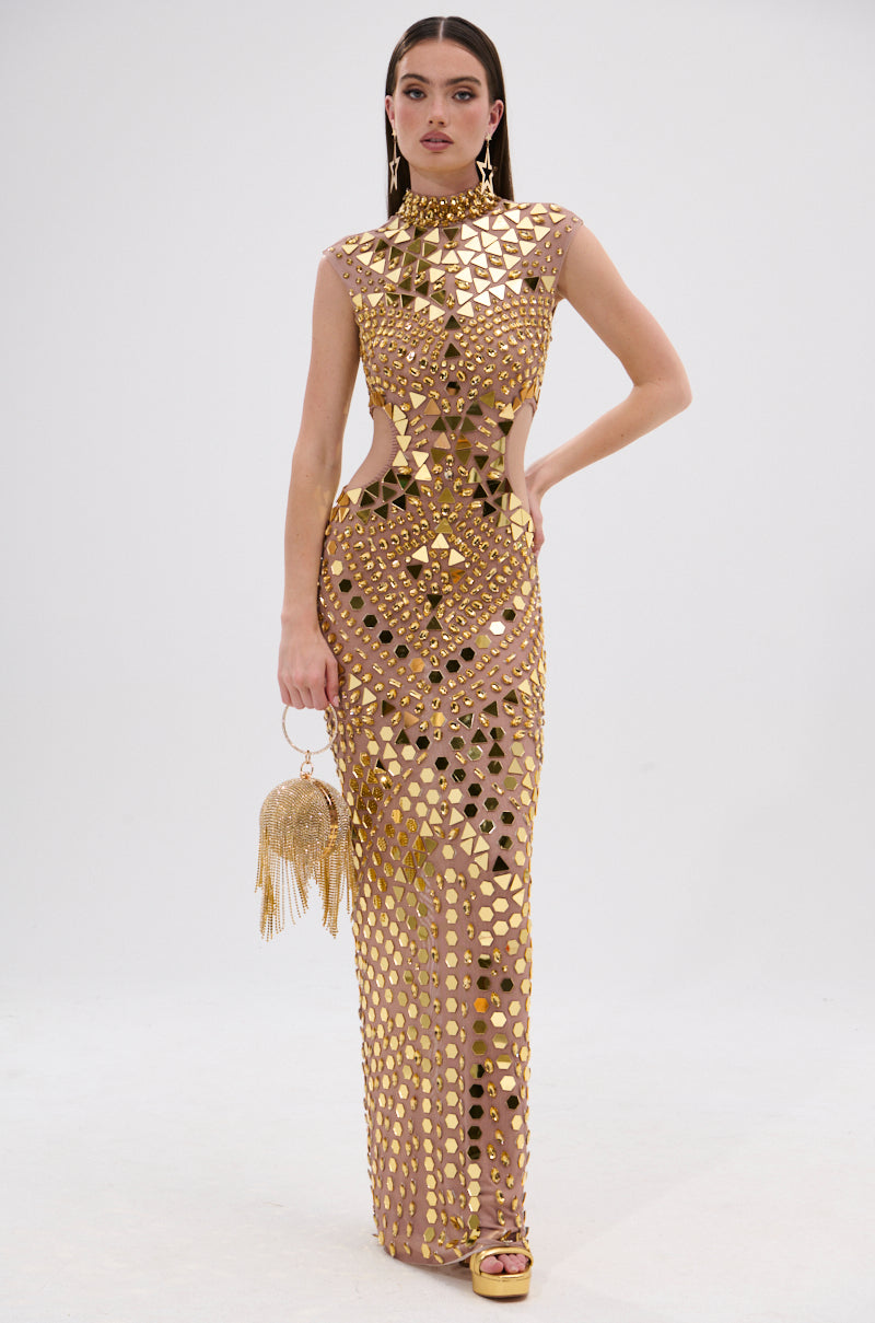 QUEEN OF EVERYTHING MIRRORED MAXI DRESS IN GOLD