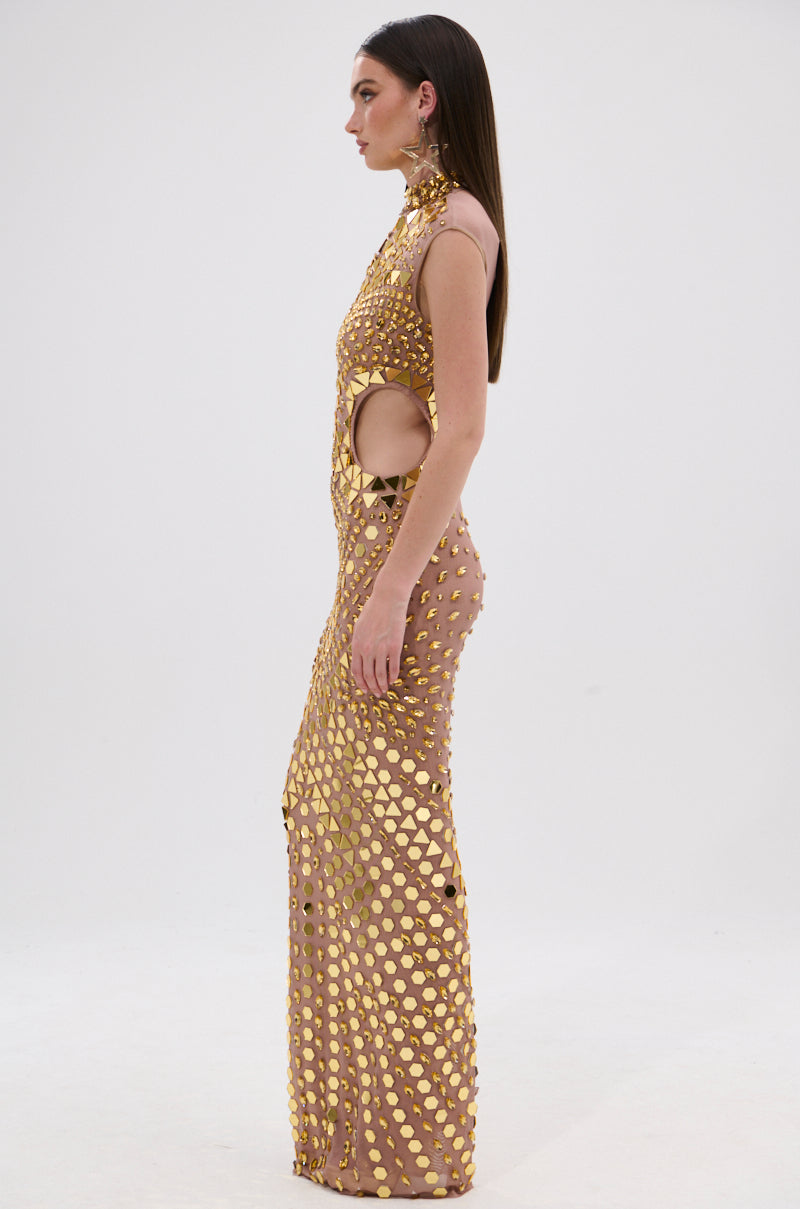 QUEEN OF EVERYTHING MIRRORED MAXI DRESS IN GOLD