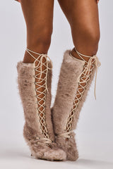 AZALEA WANG LOURDANNE IVORY FUR LACE UP BOOT