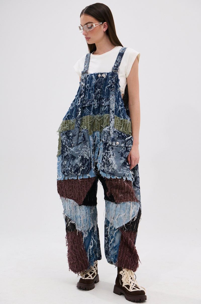 JUST LIKE THAT BAGGY FIT OVERALLS IN PATCHWORK DENIM