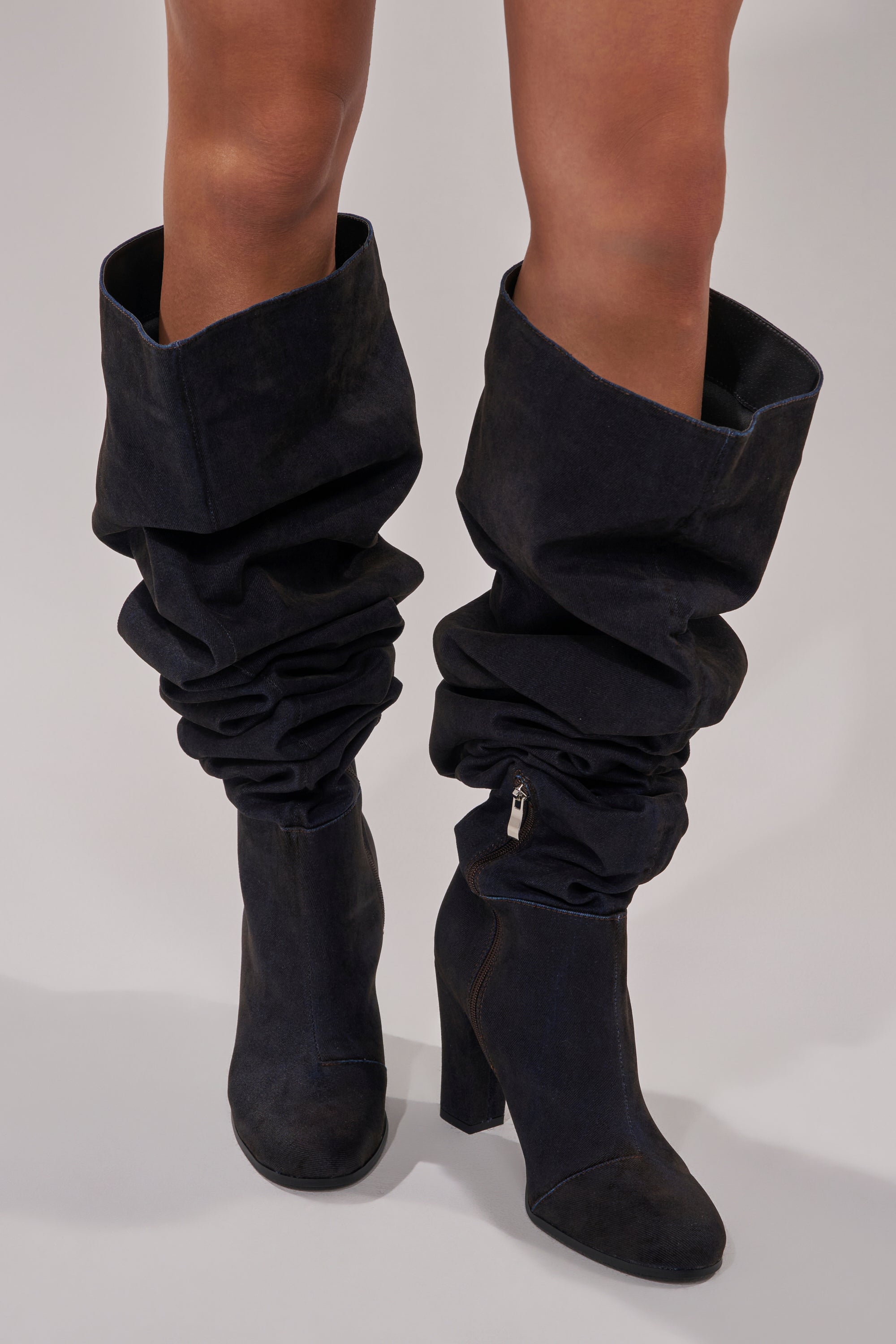 AZALEA WANG NANETTE BLACK DENIM SLOUCHY BLACK ROUND TOE CHUNKY BOOT