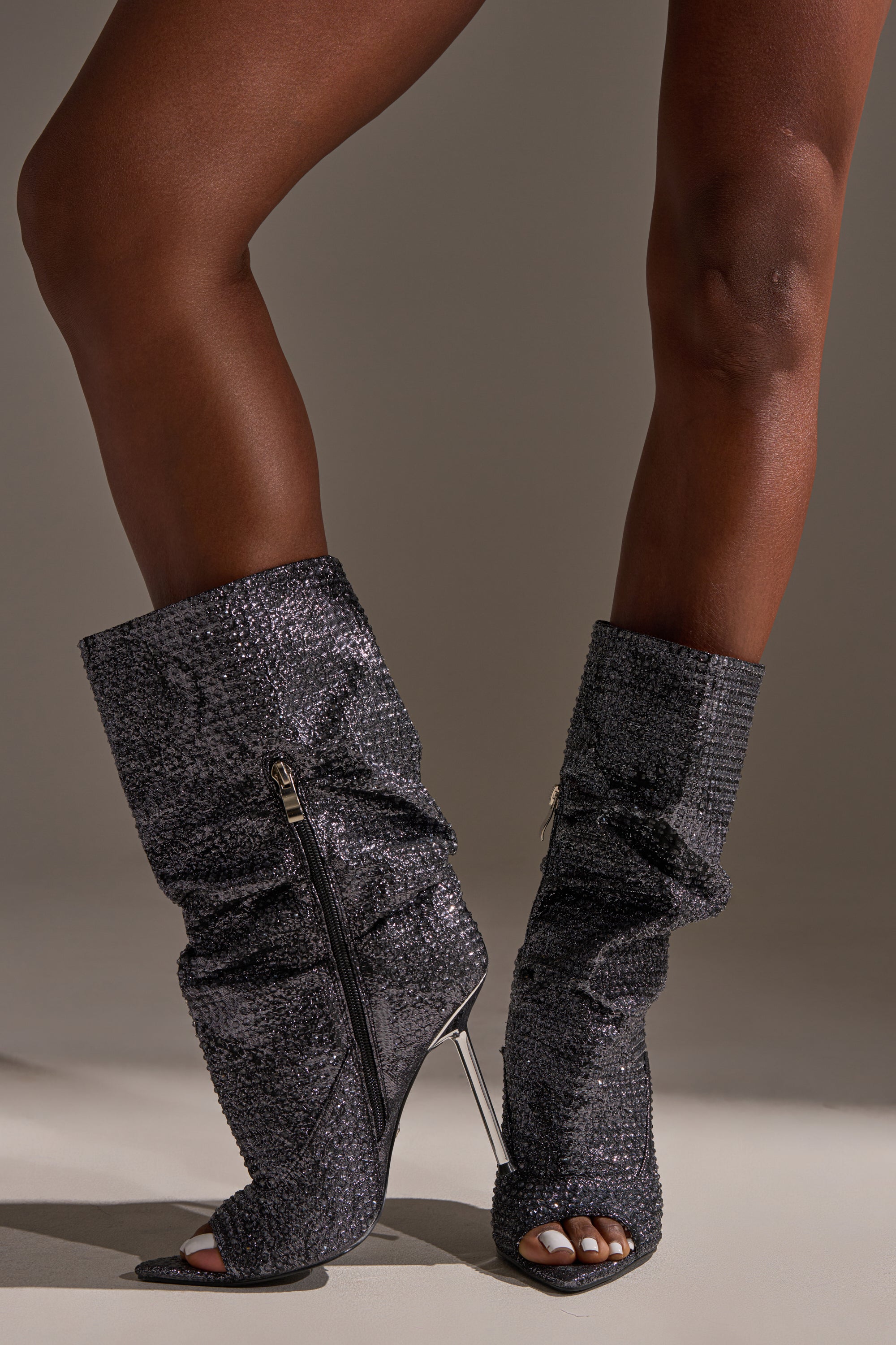 AZALEA WANG PHOTINE BLACK MULTI SPARKLE OPEN TOE STILETTO BOOTIE