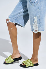 AKIRA REIGNS OLIVE BRAIDED PUFF SLIP ON SANDAL