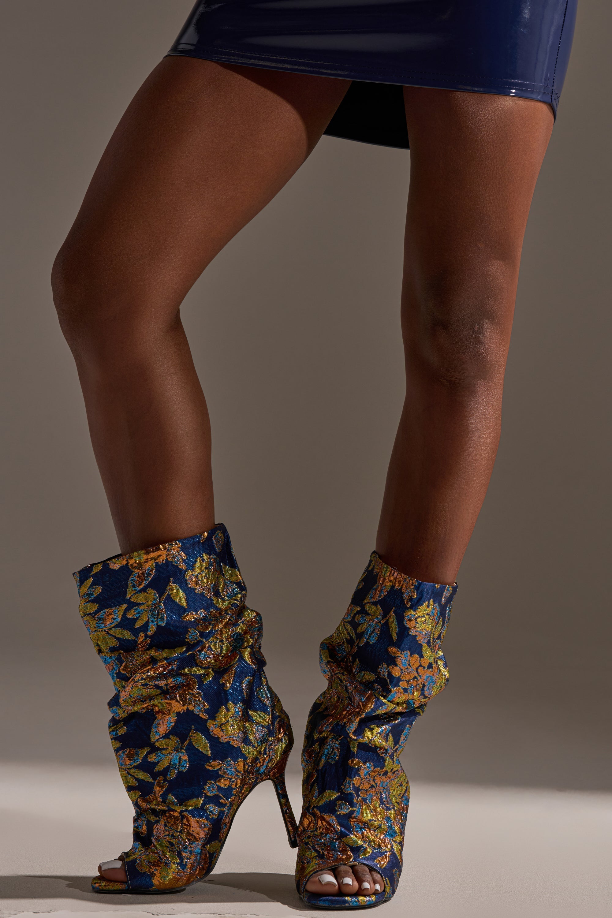 AZALEA ROZSI BLUE MULTI BROCADE OPEN TOE STILETTO BOOTIE