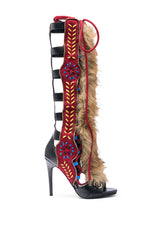AZALEA WANG SHAINE BLACK MULTI GLADIATOR STITCH AND FUR SANDAL