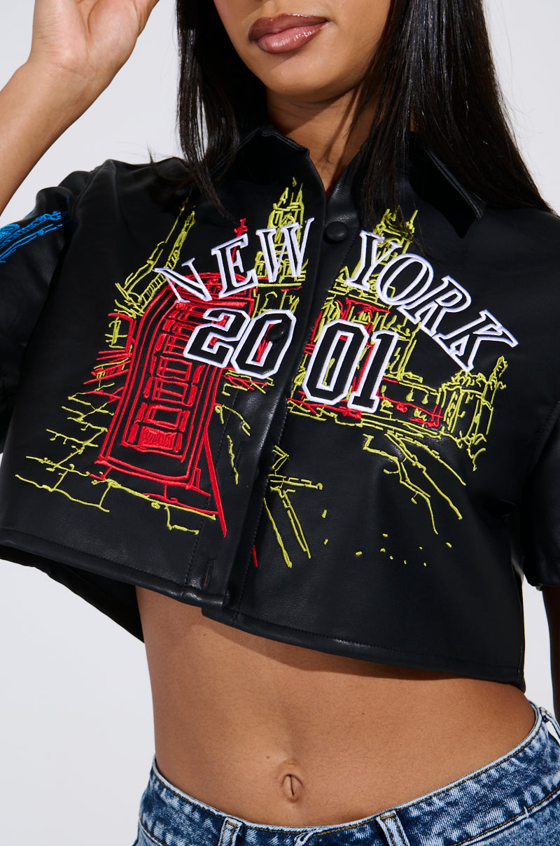 MAD CITY FAUX LEATHER SHORT SLEEVE BUTTON DOWN SHIRT