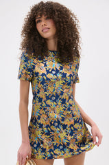 BLUE IS THE NEW BLACK BROCADE MINI DRESS
