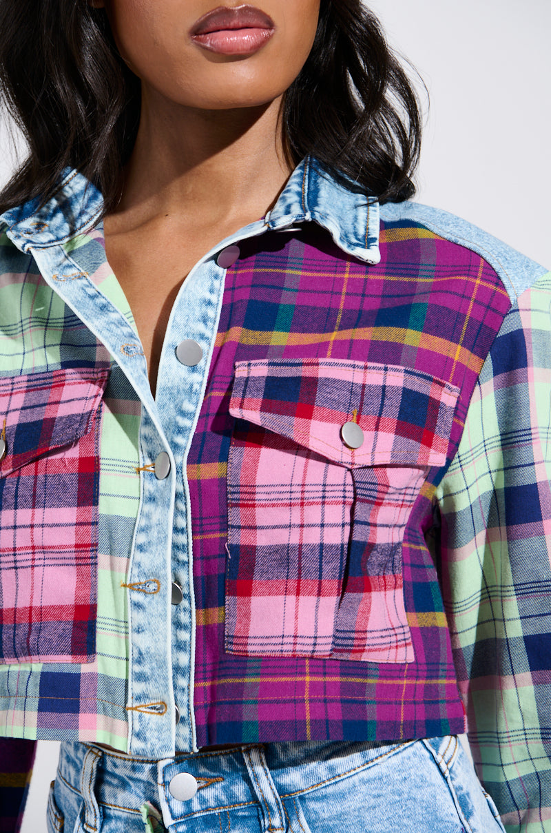 THINK ABOUT ME MORE BUTTON DOWN TOP WITH PLAID DETAILS