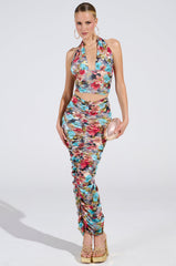 BURNT OUT CRUSHED VELVET RUCHED MAXI SKIRT