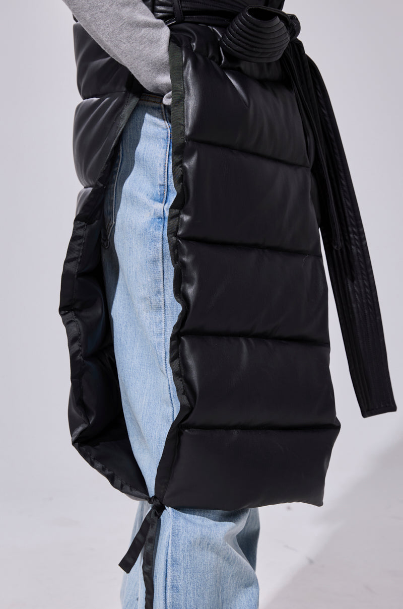 PILOT JONES LONGLINE PUFFER VEST IN FAUX LEATHER