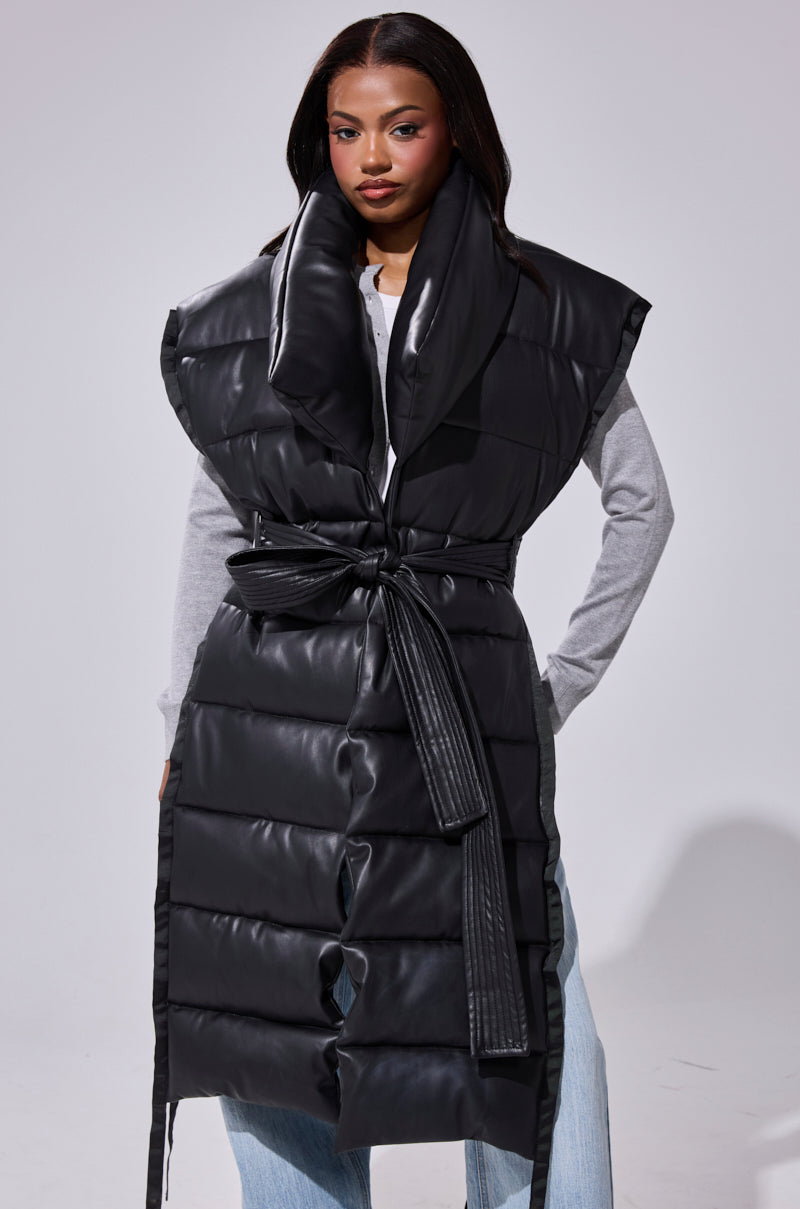 PILOT JONES LONGLINE PUFFER VEST IN FAUX LEATHER