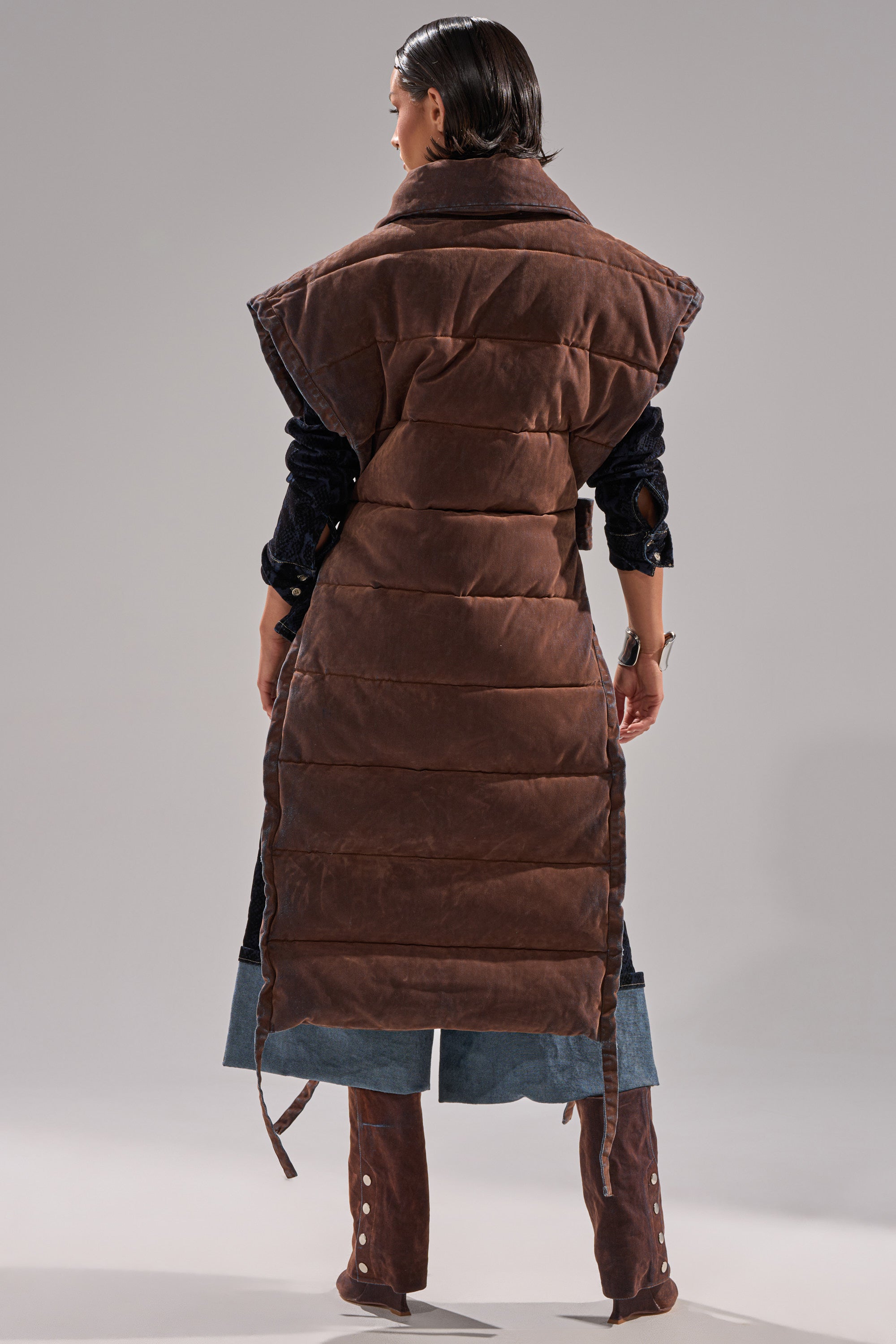 PILOT JONES LONGLINE PUFFER VEST IN VELVET DENIM