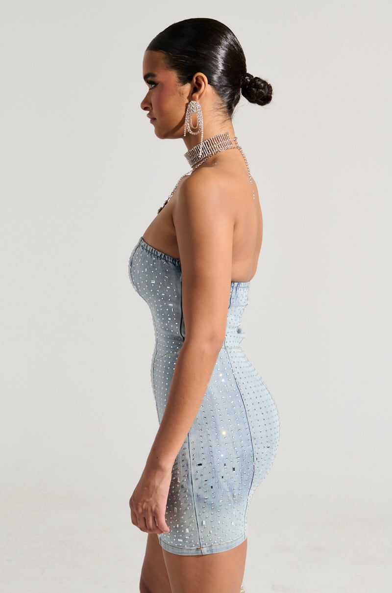 JUST WANNA ROCK DENIM RHINESTONE MINI DRESS