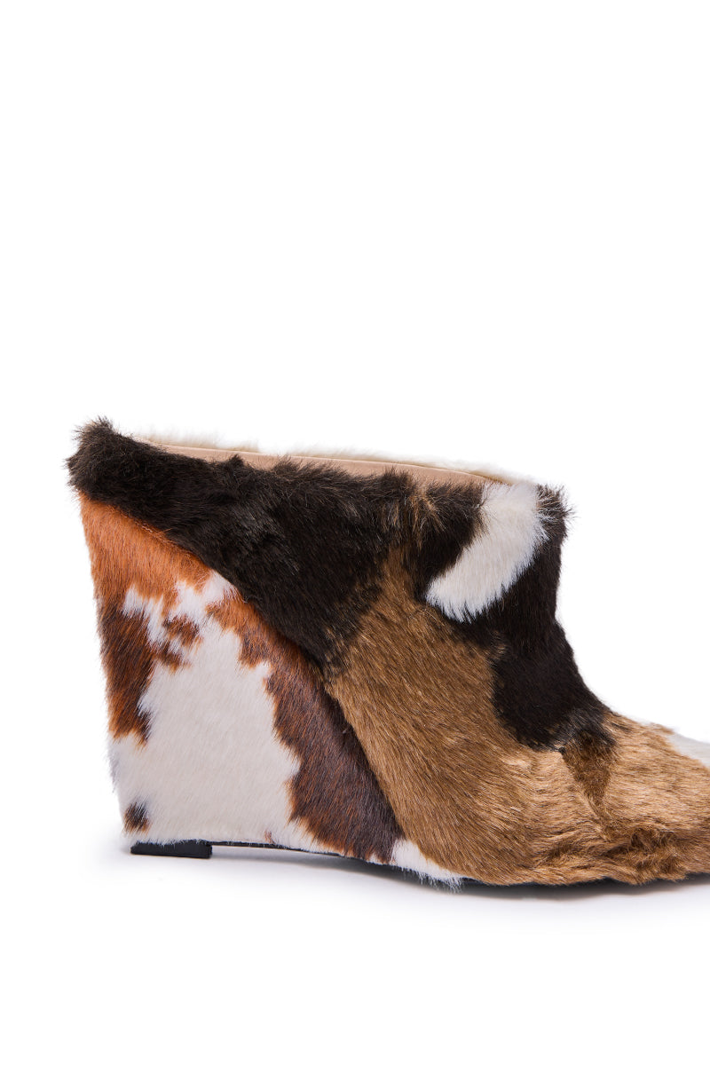 AZALEA WANG WAFIYA MULTI WEDGE COW PATTERN FURRY PUMP