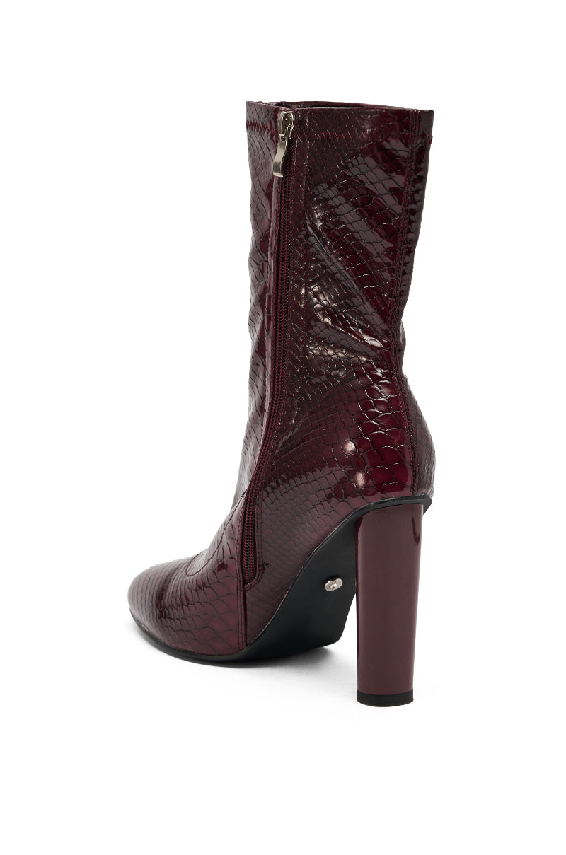 AZALEA WANG WINGROVE BURGUNDY CHUNKY HEEL CROCODILE BOOTIE