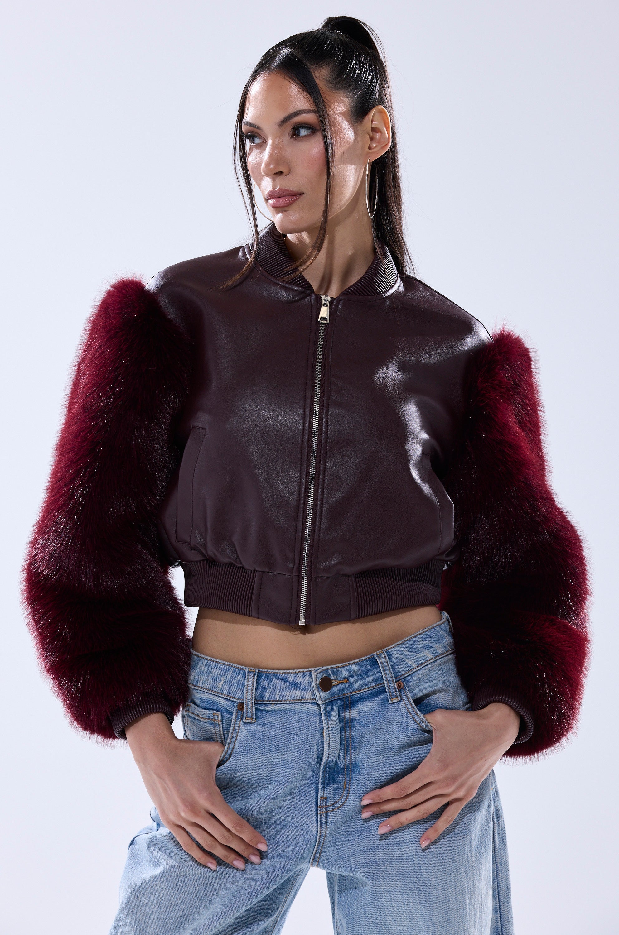 SO GOOD IT HURTS FUR SLEEVE BOMBER IN BURGUNDY