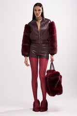 SO GOOD IT HURTS FUR SLEEVE BOMBER IN BURGUNDY